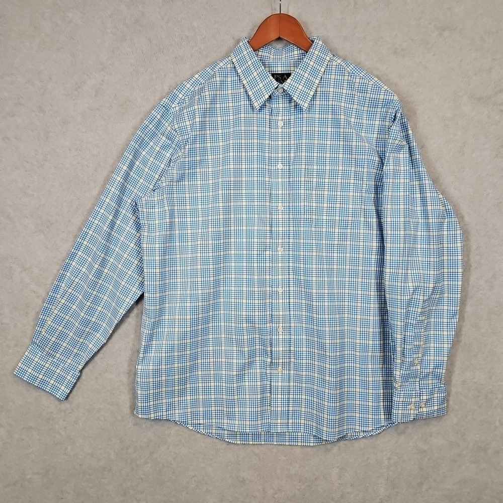 Jos. A Bank Travelers Tailored Fit XL Yellow Blue White Plaid Long Sleeve Shirt